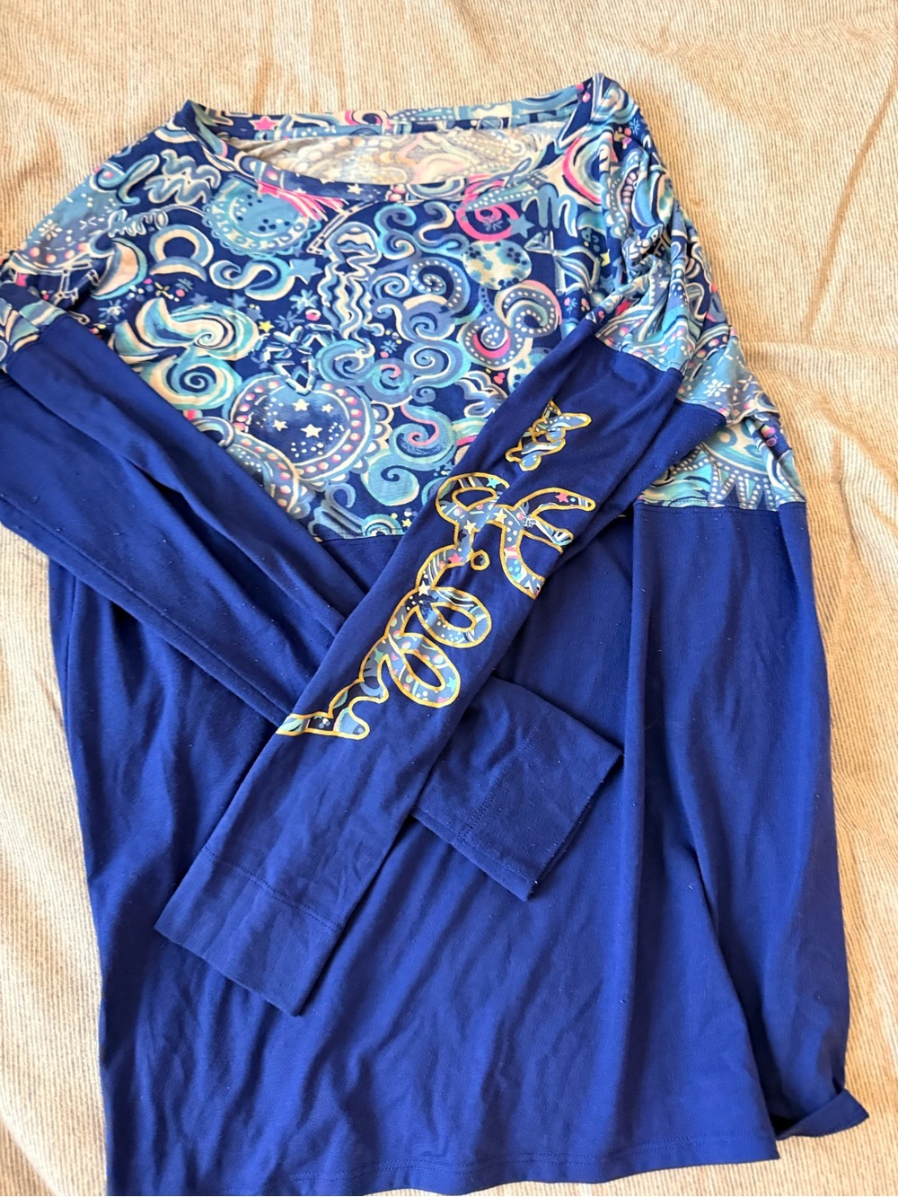Lilly Pulitzer Royal Blue Long Sleeve Top with Swirl Print Yoke